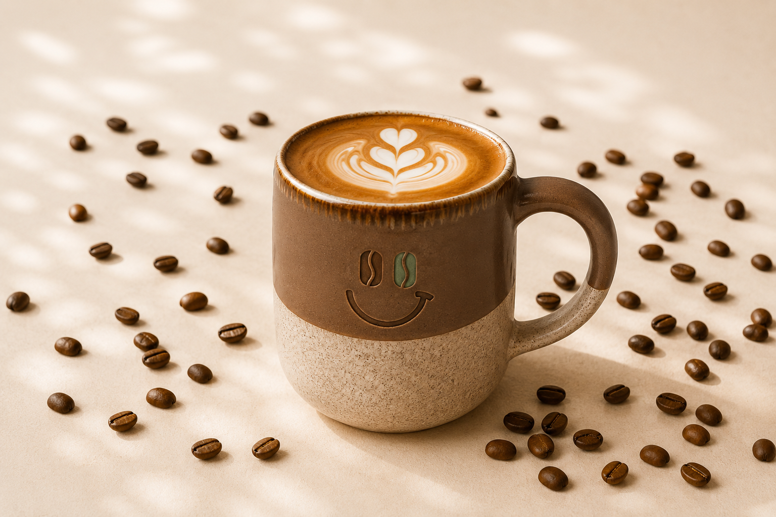 Taza de café Sorbos con arte latte y granos de café